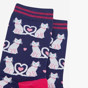 Women's Bamboo Socks White Cats In Love Navy, 3 of 4