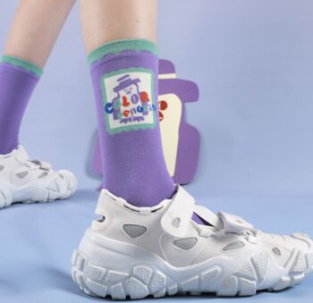 Purple And Green Penguin Mid Calf Length Socks, 3 of 3