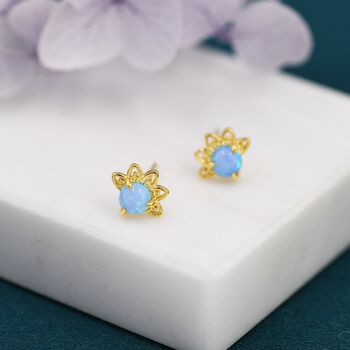 Sterling Silver Blue Opal Crown Stud Earrings, 3 of 12