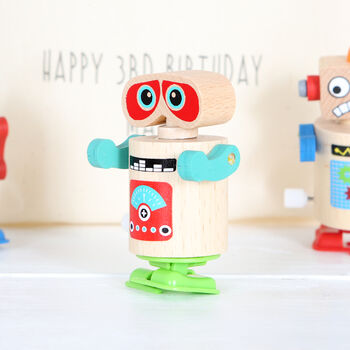 Three Wind Up Wooden Robots And Personalised Bag, 6 of 6