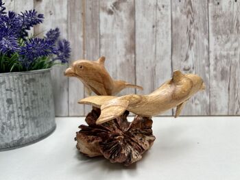 Hand Carved Wooden Dolphin Pair Sculpture Ornament, 3 of 12