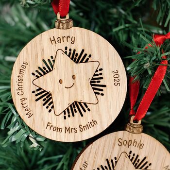 Personalised Wooden Star Christmas Bauble – Teacher To Pupil Keepsake Gift, 5 of 6