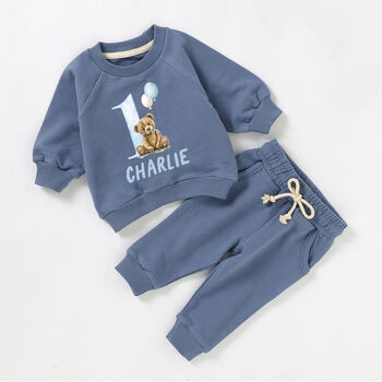 Personalised 1st Birthday Tracksuit Blue Teddy One Today, 2 of 6