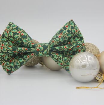 Green And Gold Holly Christmas Dog Bow Tie, 6 of 12