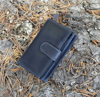 Women's Luxury Navy Blue Leather Tab Trifold Purse Rfid Protected Personsalised, 3 of 7