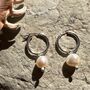 Pearl Huggie Hoop Earrings With White Freshwater Pearls, thumbnail 2 of 3