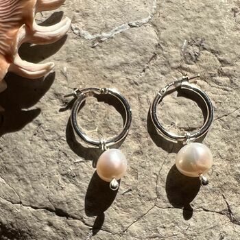 Pearl Huggie Hoop Earrings With White Freshwater Pearls, 2 of 3