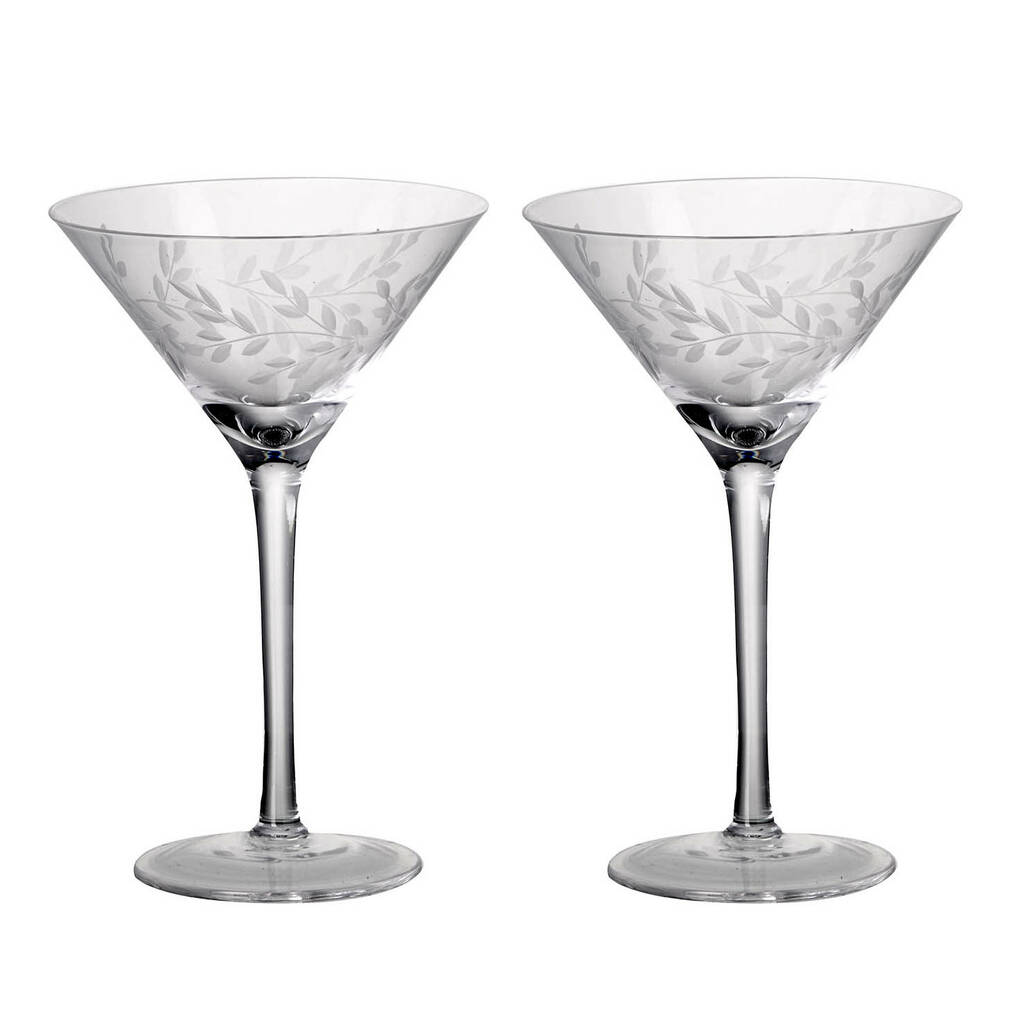 Pair Of Etched Laurel Martini Glasses, 1 of 3