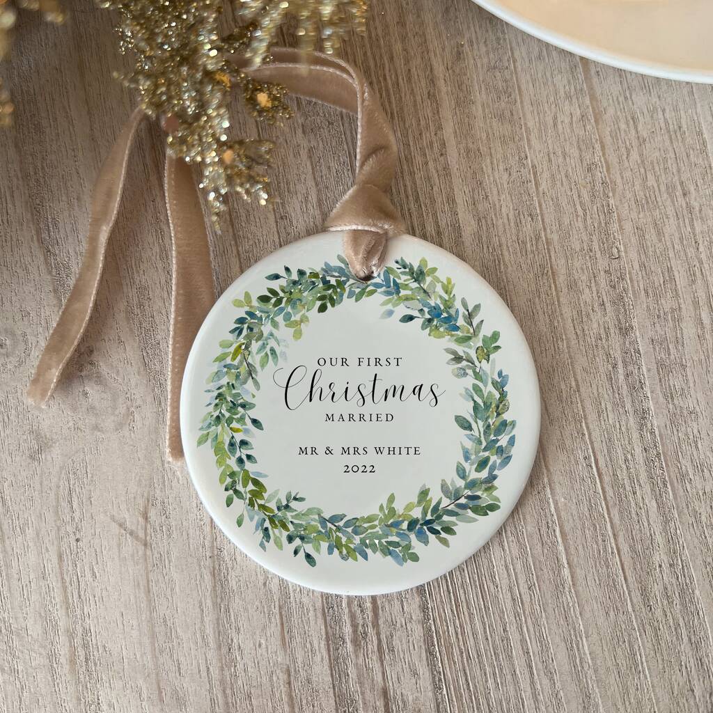 First Christmas Married Wreath Ceramic Bauble By Lily Rose Co ...