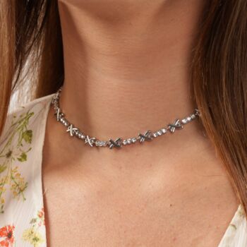 Gemma Xo Crystal Cross Choker Necklace In Silver, 3 of 7