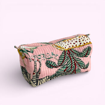 Jungle Print Cotton Washbag, Make Up Bag, With Waterproof Lining Pink, 3 of 6
