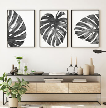 Set Of Three Black And White Monstera Leaves Prints, 4 of 8