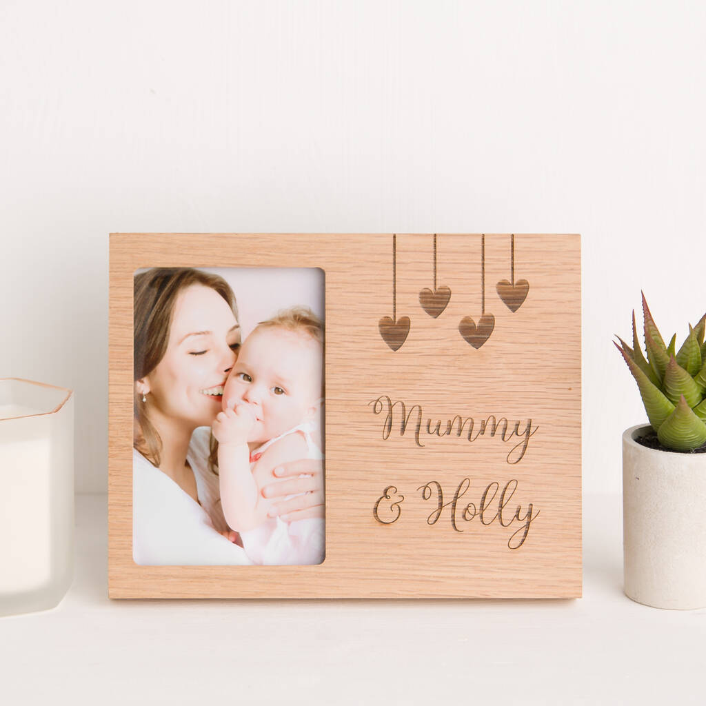 Personalised Mummy With Hearts Solid Oak Photo Frame By The Laser