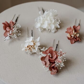 Coral Preserved Hydrangea Flower Wedding Hair Pin Set, 2 of 2