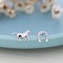 Tiny Mismatched Running Horse And Horseshoe Stud Earrings In Sterling Silver, thumbnail 6 of 12
