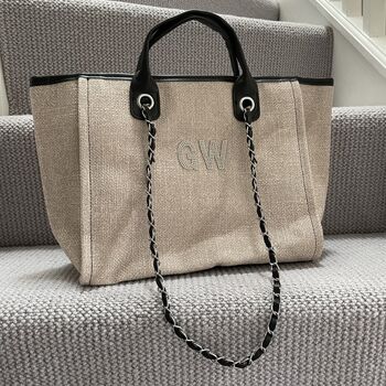 Personalised Beige And Black Large Chain Tote Beach Bag, 4 of 9