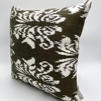 Square Ikat Silk Cushion Olive Green Abstract, 7 of 8