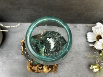 16cm Molten Glass Bowl On Teak Root Fruit And Nut Dish Wooden, 10 of 10