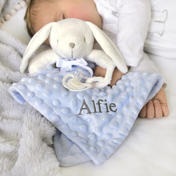 Personalised Blue Bobble Bunny Baby Comforter, 2 of 8