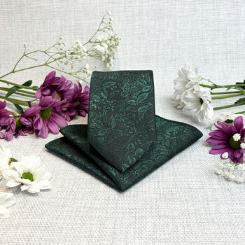 Dark Green Woodland Leaves Wedding Tie Set, 3 of 4