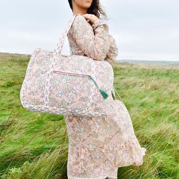 Block Printed Peach Floral Quilted Bag, 2 of 6