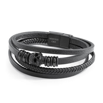 Personalised Men's Stacked Leather Skull Bracelet, 10 of 10