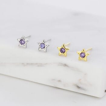 Tiny Amethyst Purple Cz Star Stud Earrings, 2 of 11
