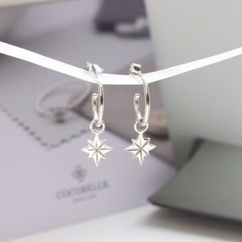 Sterling Silver North Star Charm Hoop Earrings, 6 of 6