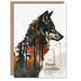 Wolf And Autumn Forest Trees Double Exposure Birthday Card, thumbnail 1 of 5