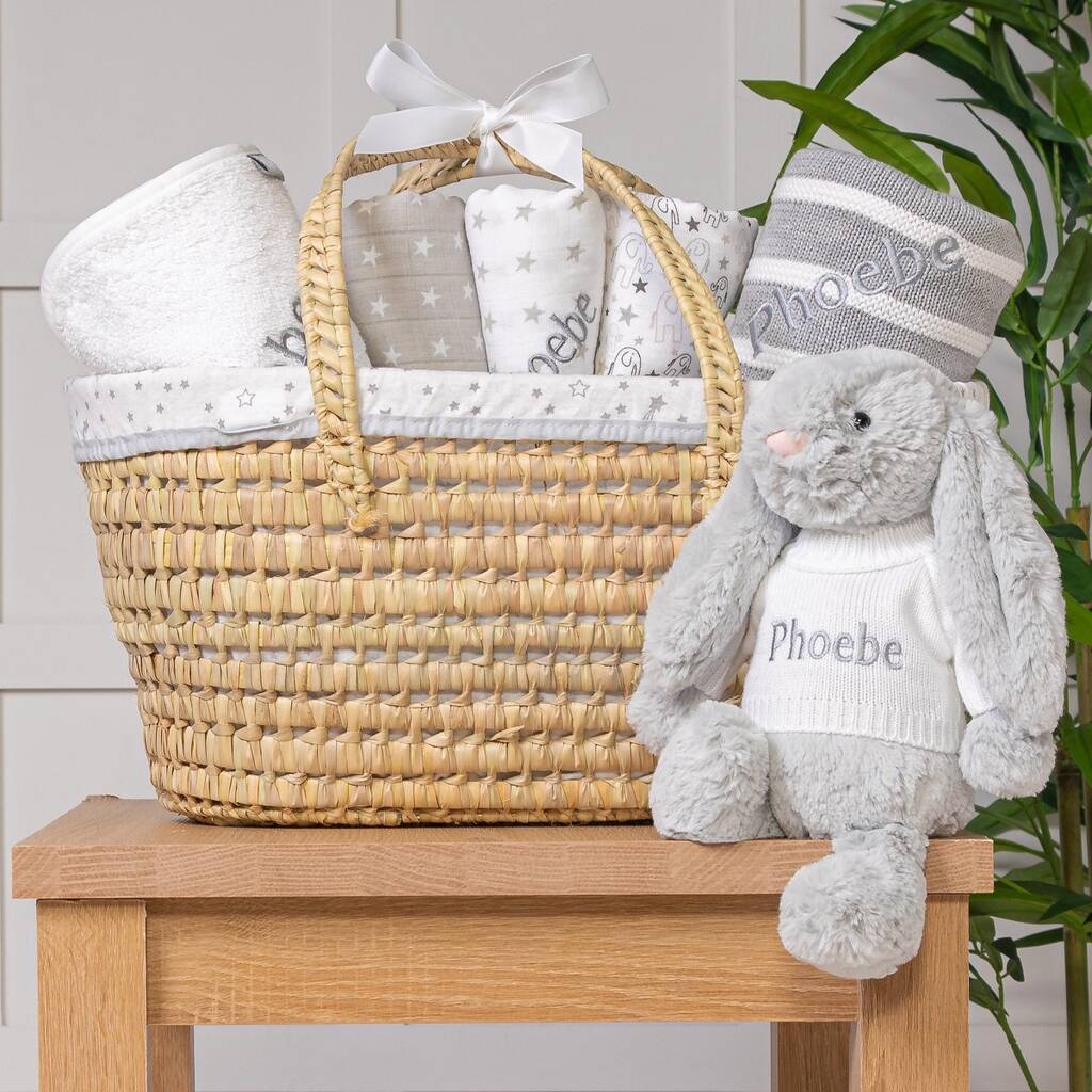 Personalised New Baby Gift Basket With Bashful Bunny, 1 of 6