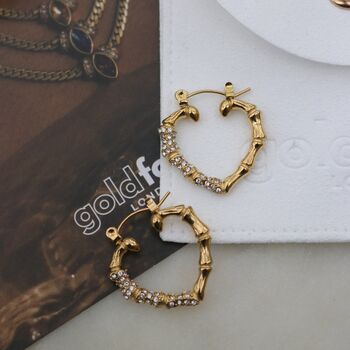 18 Kt Gold Pave Bamboo Heart Hoop Earrings, 3 of 9