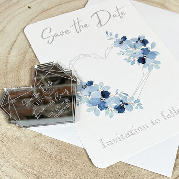 Blue And Silver Mirror Heart Save The Date Magnets, 2 of 3