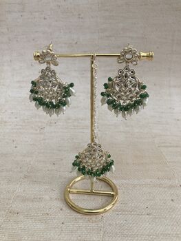 Emerald Green Gold Plated Kundan Earrings And Tikka Set, 3 of 8