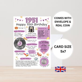 75th Birthday Card With 1951 Coin And Envelope Choose Your Colour, 3 of 3