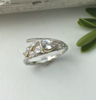 White Sapphire And Diamond Elvish Twig Engagement Ring, 3 of 10