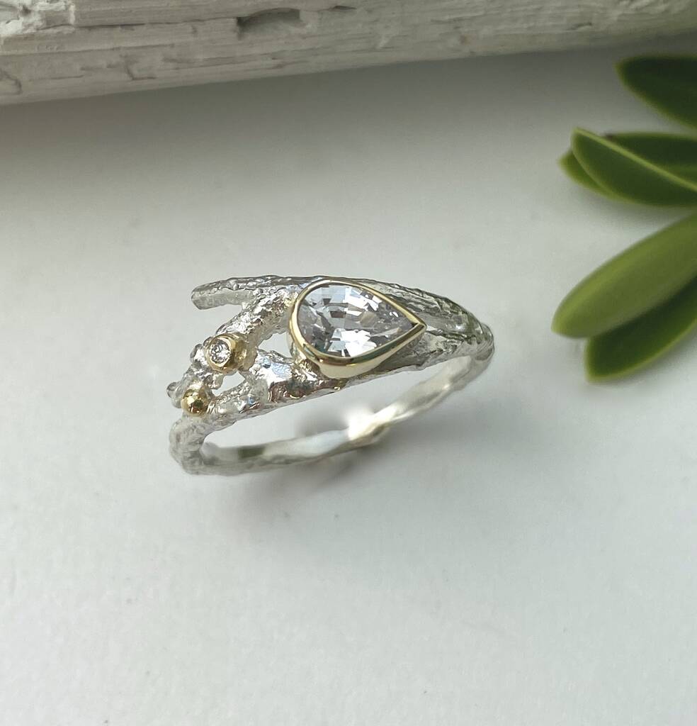White Sapphire And Diamond Elvish Twig Engagement Ring By Caroline ...