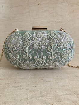 Mint Green Raw Silk Oval Pearl Clutch Bag, 4 of 8
