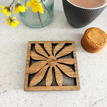 Oak Veneer Floral Coasters Set Of Four Home Gift, 6 of 8