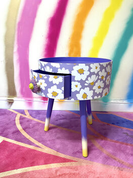 Lilac Daisy Round Wooden Side Table With Drawer, 11 of 11