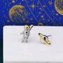 Mismatched Tiny Astronaut And Planet Stud Earrings In Sterling Silver, thumbnail 1 of 8