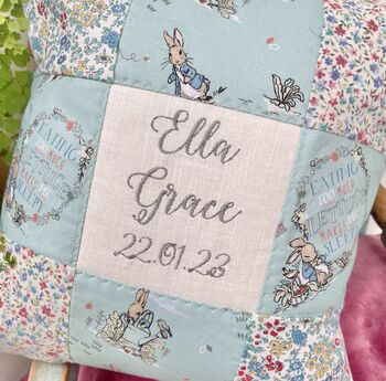 Peter Rabbit Name And Date Cushion Mint And Floral, 4 of 9