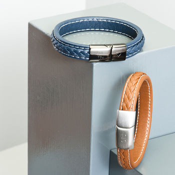 Mens Personalised Leather Strap Steel Bracelet, 8 of 10