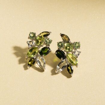 Large Green Gemstone Cluster Earrings In Sterling Silver, 3 of 12