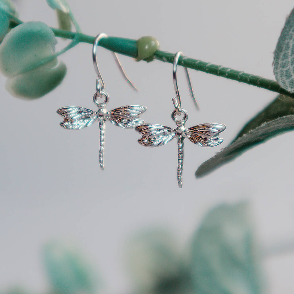 Silver Or Rose Gold Plated Dragonfly Drop Earrings By WOODS VINTAGE