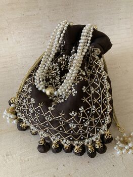 Brow Satin Handcrafted Luxury Potli/Wrist Bag, 5 of 10