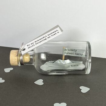 Personalised Silver Paper Ship In A Bottle – Silver Wedding Anniversary Gift, 3 of 9