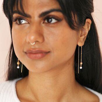 Thread Through Star And Pearl Chain Earrings In Gold, 6 of 7