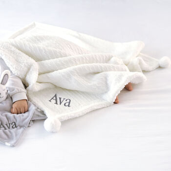 Personalised White Cable Blanket And Bunny Comforter, 8 of 12