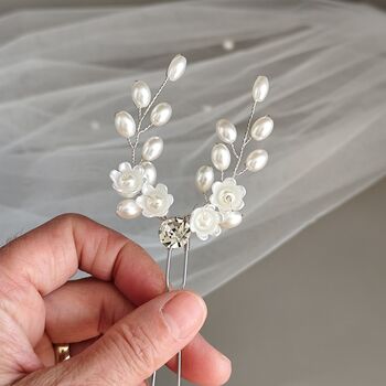 Pearl And Ceramic Flower Bridal Hair Pin, 10 of 12
