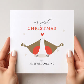 Personalised Our First Christmas As A Married Couple Card: Robins With Red Heart Design, 2 of 5